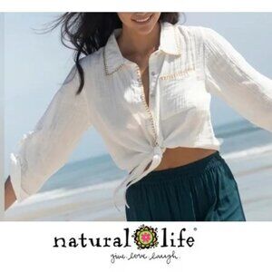 Natural Life Womens White Button-Up Gauze Shirt L With Embroidered Trim, L